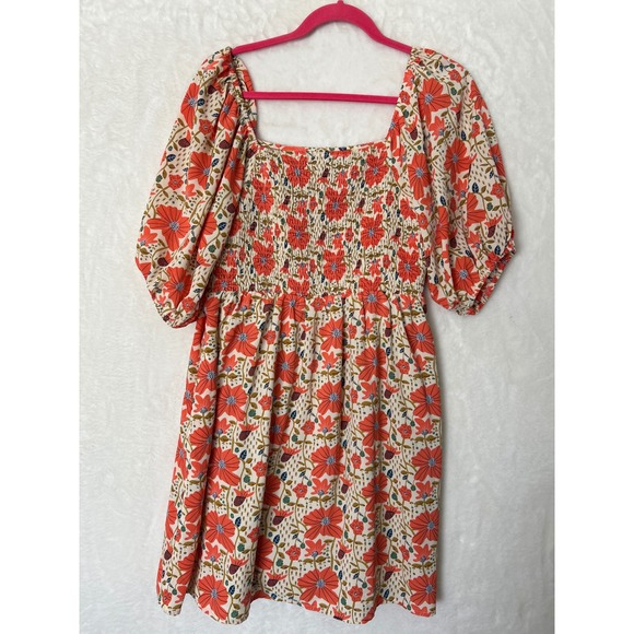 Kori Orange Floral Puff Sleeve Mini Dress Square Neck Smocked Back Womens Large - Picture 4 of 4